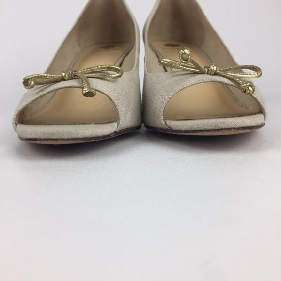 Kate Spade Womens Linen Peep Toe Wedge Heels Beige Cream Shoes Gold Bow size 10 - Picture 5 of 15